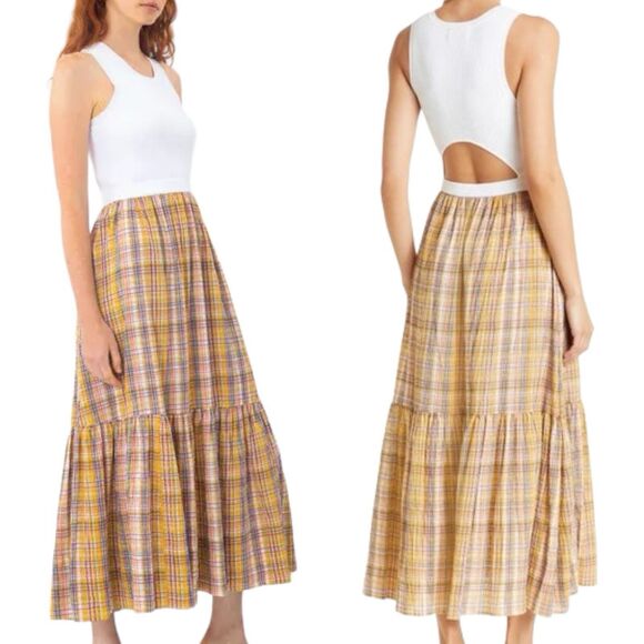 Tanya Taylor‎ Dress WMNS S Yelllow Plaid Midi Ribbed Cut Out Prairie Fall Modest - Picture 2 of 13